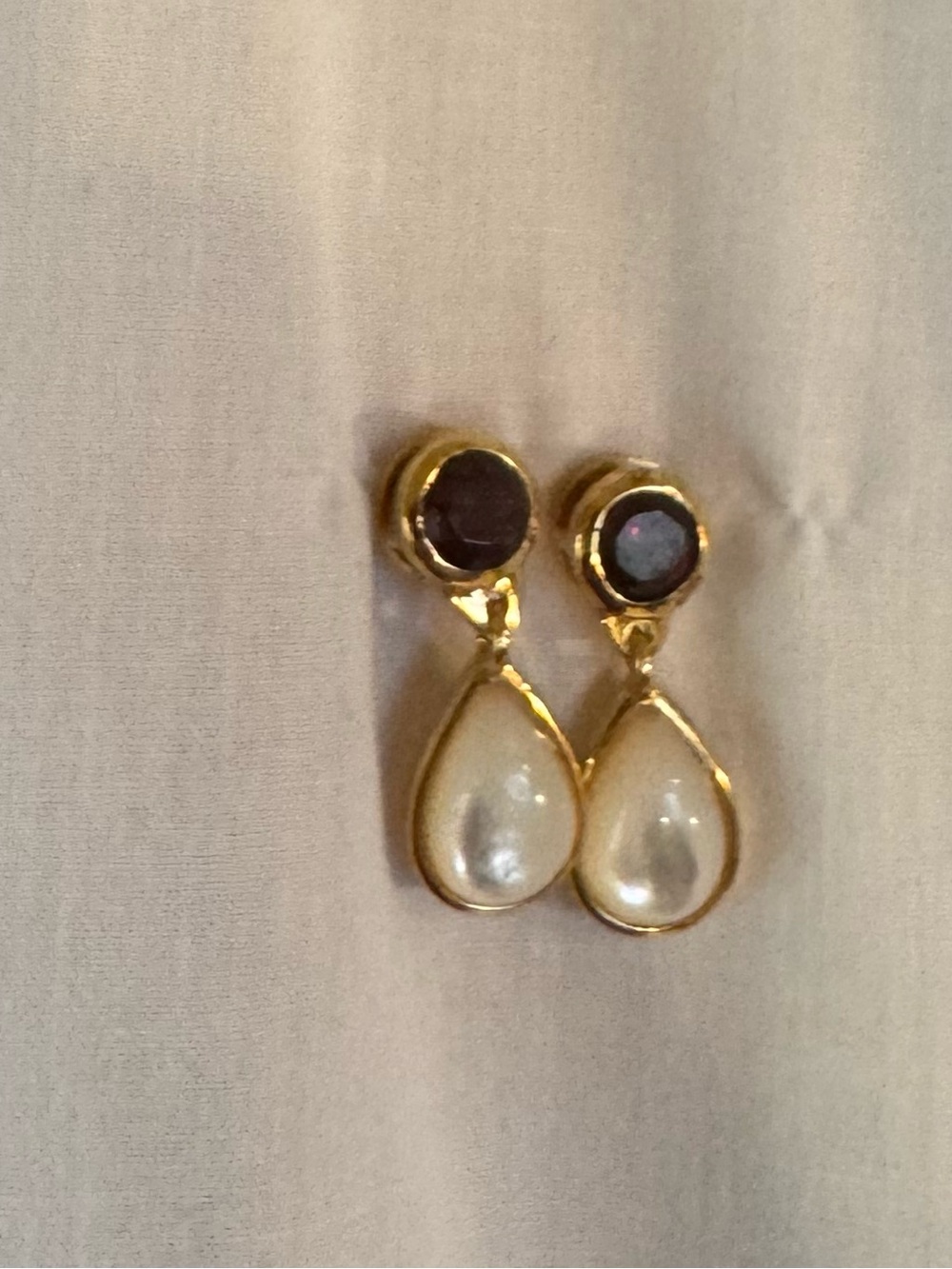 Ross-Simons Golden Drop Earrings with White Pearlescent Teardrops and Red Stones - Picture 4 of 5